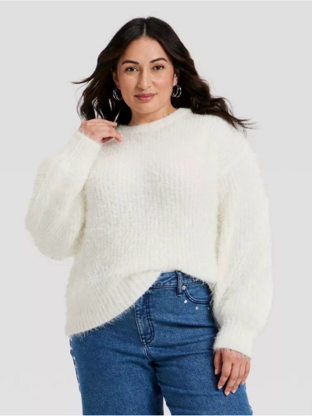 Ava & Viv Women’s Plus 3X Cozy Fuzzy Crewneck Pullover Sweater Ivory Minimalist